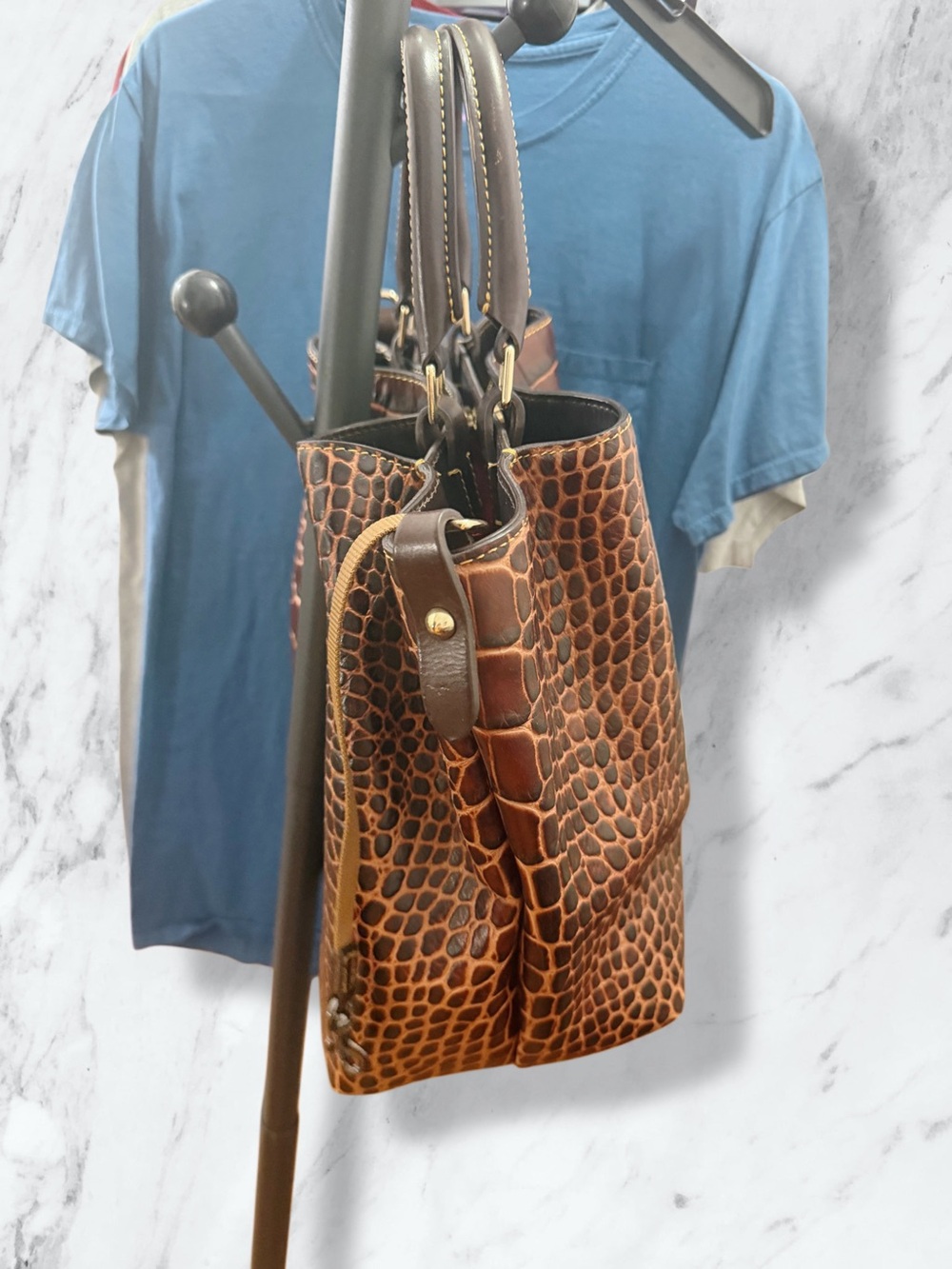 Dooney & Bourke Croc-Embossed Brown Leather Shopper with Red Interior - Picture 6 of 7